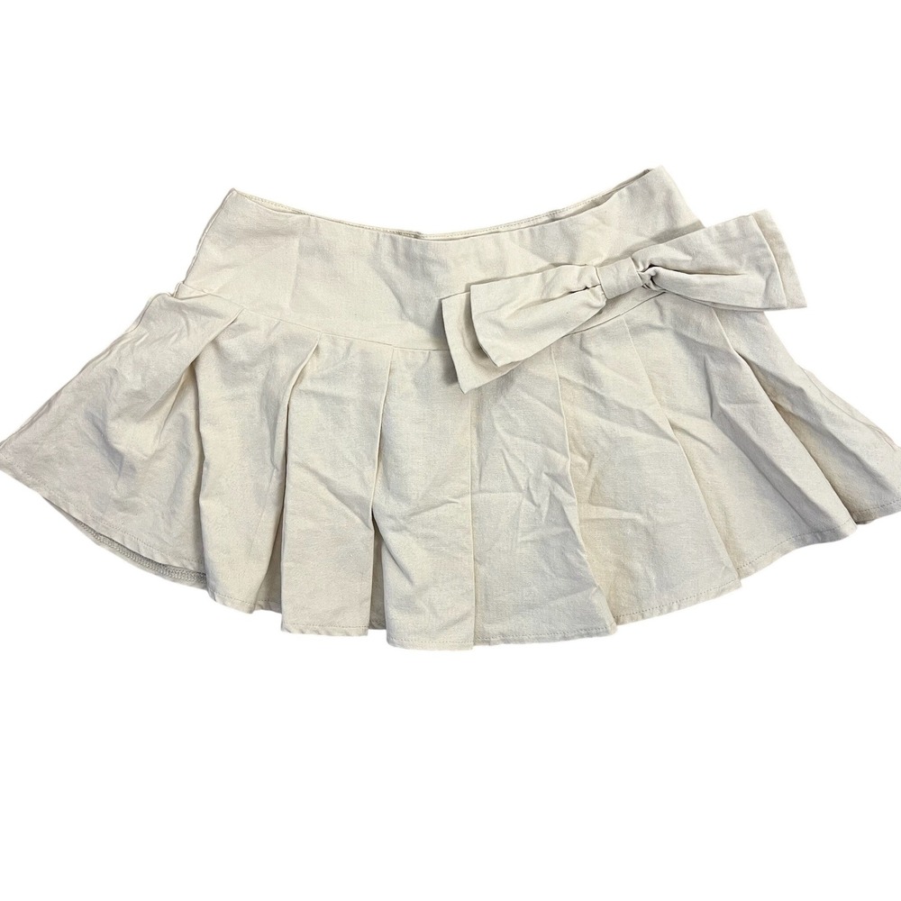 SZ 4 Cream Beige Pleated Mini‎ Skirt Bow Detail Coquette Preppy Academia Uniform